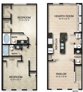 Floor plan for 2 beds, 2.5 baths, 1295 sqft